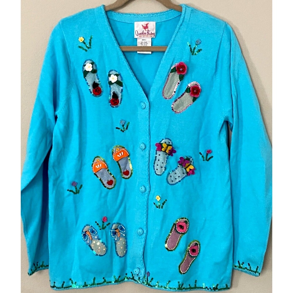 Quacker Factory Cardigan Sweater S Turquoise Sandals Sequins Embroidered Beaded